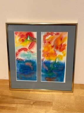 Abstract Watercolor Wall Art in Blue, Yellow and Red 11 x 11
